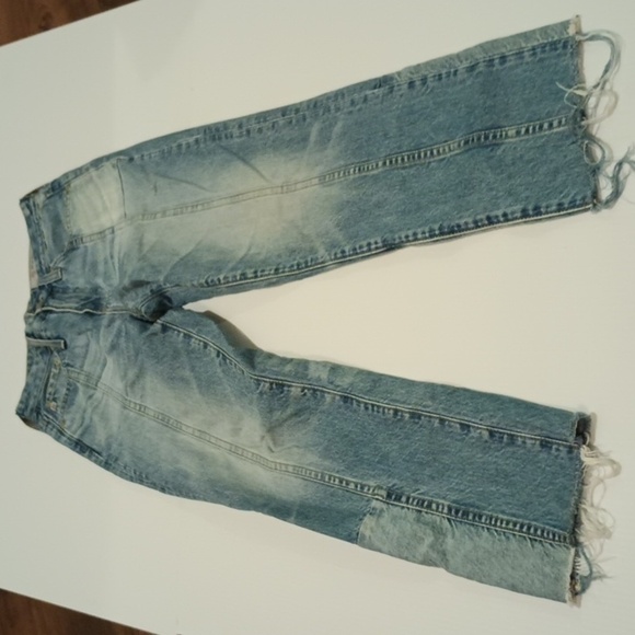 AG Aged Denim Adriano Goldschmied Patchwork Blue Distressed Cropped Jeans A10 - Picture 1 of 6